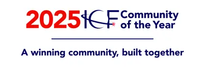 The 2025 ICF Community of the Year logo with blue text underneath that reads "A winning community, built together".