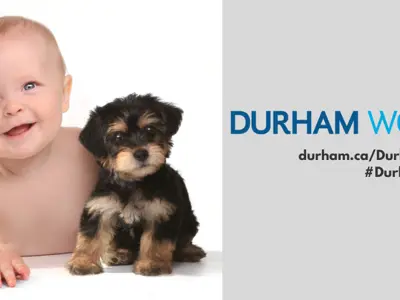 An image of a baby and a puppy next to text that states, “Durham Works, durham.ca/DurhamWorks #DurhamWorks"