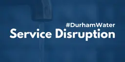 A photo of a running water tap with a blue filter over it and white text reading #DurhamWater Service Disruption 