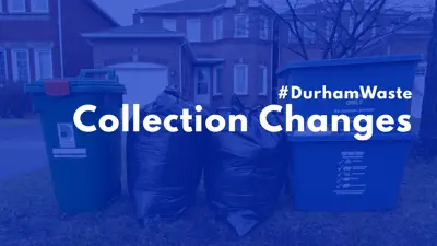 A photo of a green bin, garbage bags and blue bins at the curb with a blue filter and text reading #DurhamWaste Collection Changes 