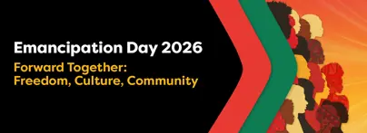 Diverse profiles in black, yellow, brown and red, featuring African-themed patterns. Text reads “Emancipation Day. Forward together: Freedom, culture, community.”