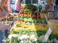A display of vegetables at a farmers' market with people shopping in the background 