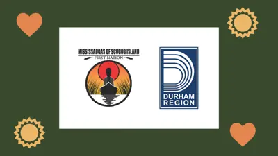 The MSIFN and Region of Durham logos on a green background with heart and sun graphics in all four corners.