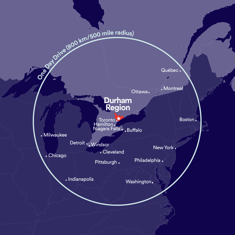 Map of Durham Region in context with major cities in Canada and the USA.