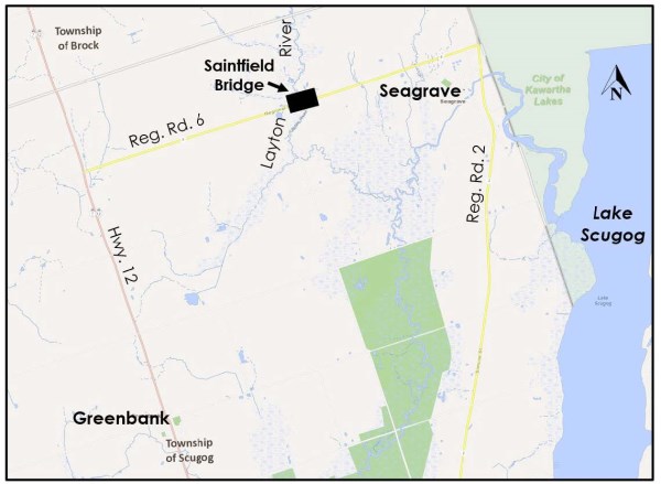 A map displaying Saintfield Bridge's location in the Township of Brock on Regional Road 6 over Layton River
