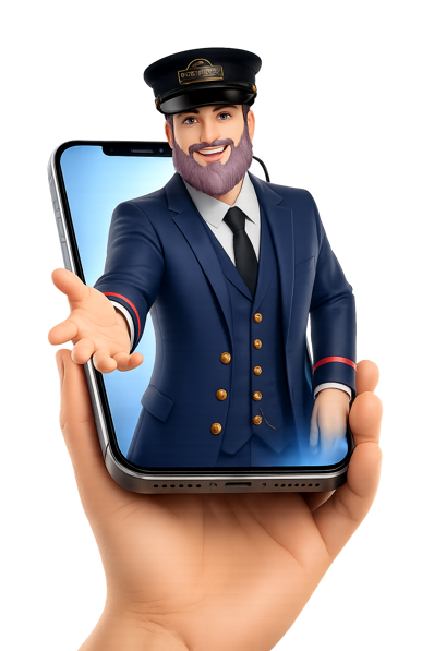 3D animation of a train conductor coming out of a phone screen.