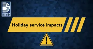 A yellow banner on a blue background reads 'Holiday service impacts'. 