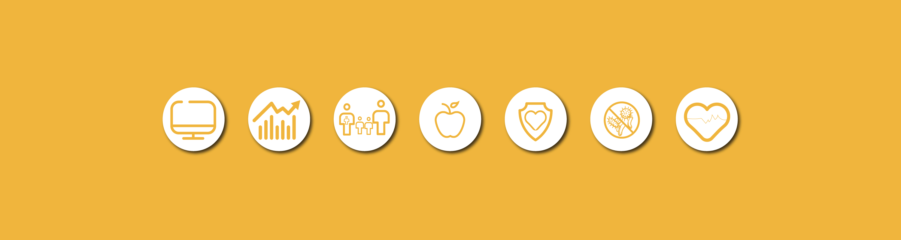 A series of seven icons in white circles on a yellow background, depicting a computer monitor, a bar graph with an upward trend, three people, an apple, a shield with a heart, a basketball, and a heart with a heartbeat line.