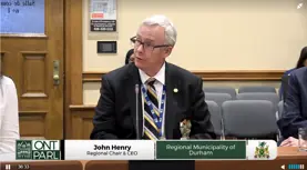 Regional Chair, John Henry in a seat at Legislative Assembly of Ontario’s Standing Committee on Heritage, Infrastructure and Cultural Policy discussing Bill 131, Transportation for the Future Act, 2023.