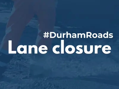Construction workers on a road with a dark-blue filter. Text reads, #DurhamRoads, Lane closure.
