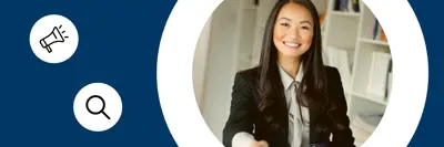A person in professional attire smiles and extends a hand in greeting in an office setting, with bookshelves in the background. Two white icons, a megaphone and a magnifying glass, appear on the left against a blue background.