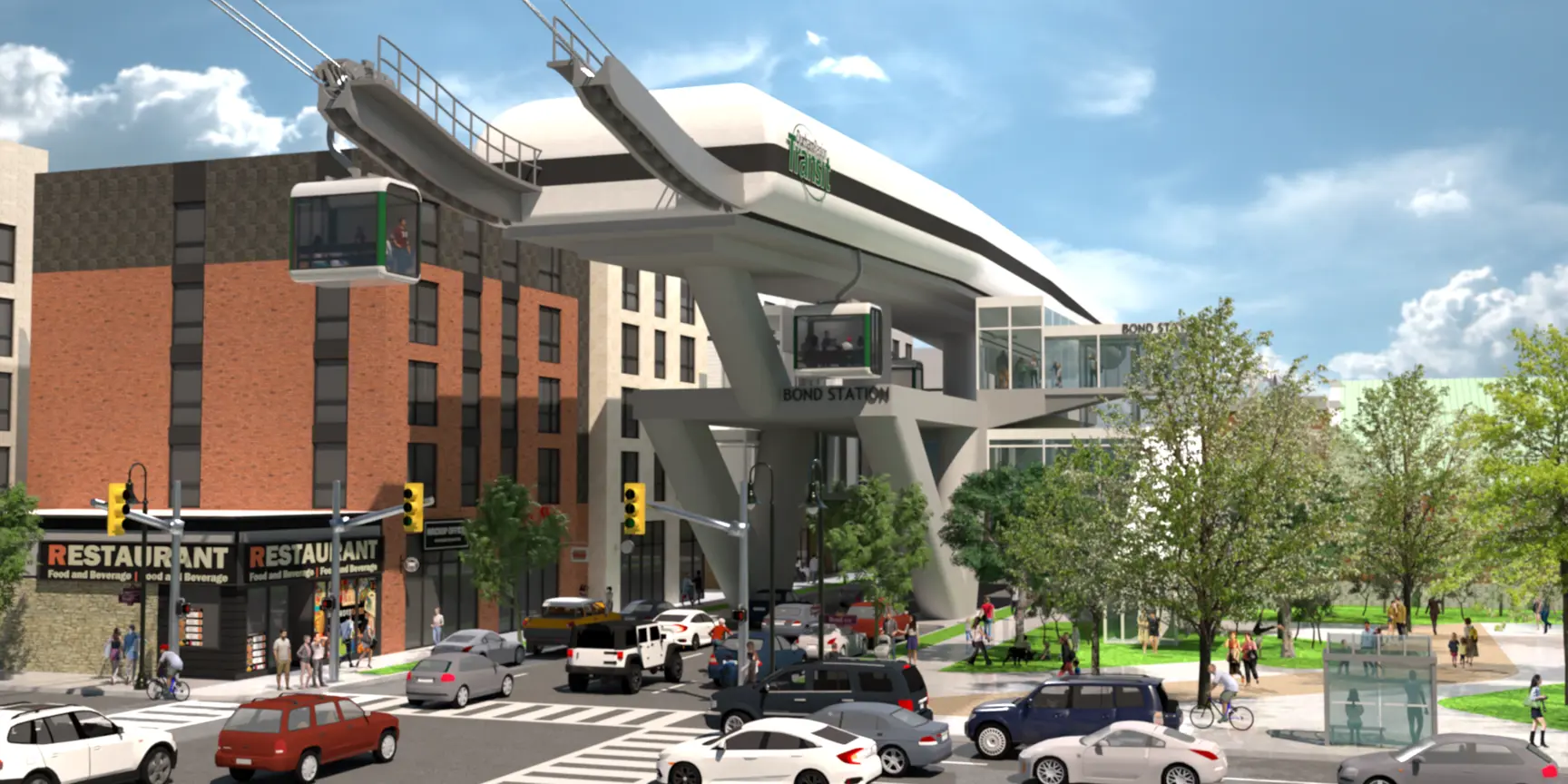 Artist rendering of an aerial cable car station above a busy street