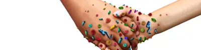 Two hands holding with germs on them