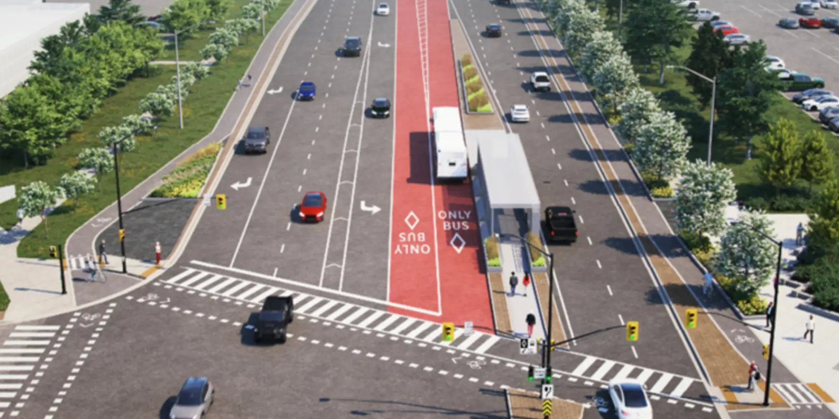 Rendering of a rapid transit corridor and intersection including bus driving on red roadway with white diamonds.