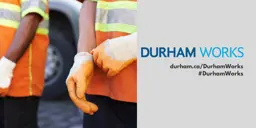 Image of two waste collection workers. Text states, Durham Works, durham.ca/DurhamWorks, #DurhamWorks.