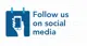 Text "Follow us on social media" and illustration of a hand holding a cellphone