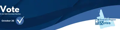 Banner for the 2026 Municipal Election. Large white text on a dark blue background reads “Vote” with smaller text underneath stating “in the 2026 Municipal Election.” Below, a dark blue rectangle displays the date “October 26” beside a large blue circle containing a white checkmark. The background features layered blue waves and geometric shapes. On the right side, the Durham Region Votes logo appears over a light blue map graphic. The design uses shades of blue and white throughout.